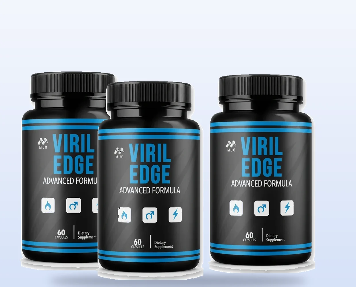 Three Viril Edge bottles showing the front label, the three icon tiles and the 60 capsule count