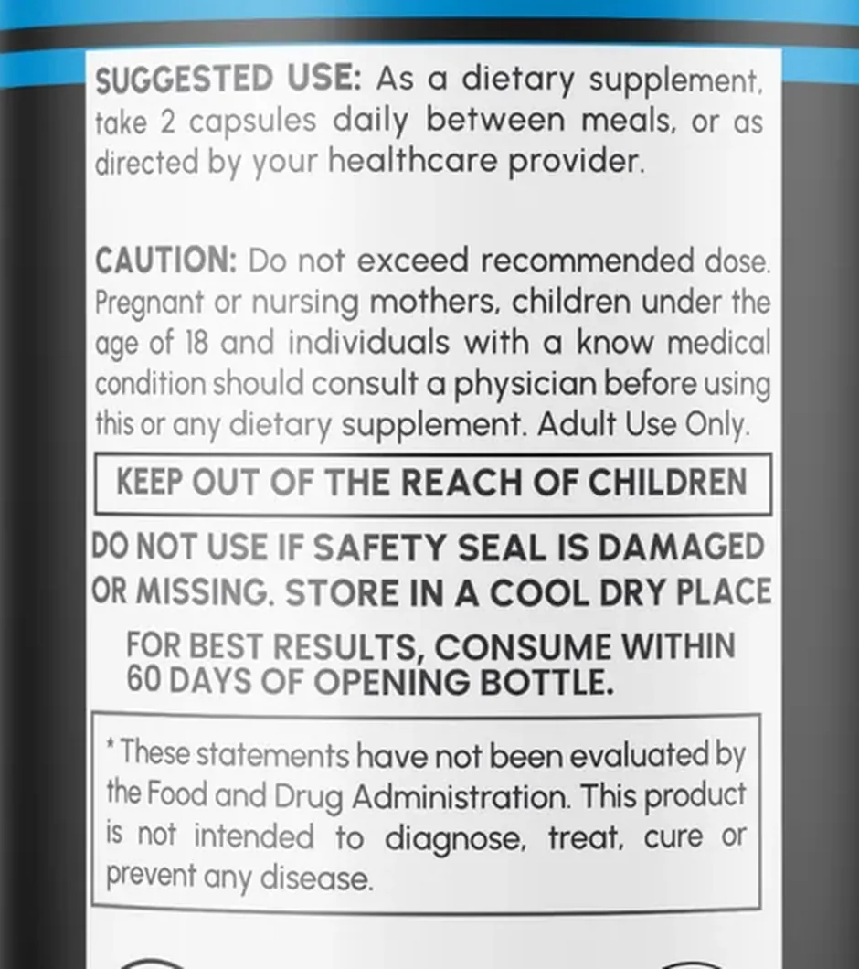 The Viril Edge back label: suggested use of 2 capsules daily between meals, a caution panel, storage instructions and the FDA disclaimer