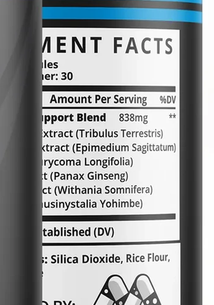 The Viril Edge Supplement Facts panel: 30 servings per container and an 838 mg Male Support Blend listing tribulus, epimedium, eurycoma, panax ginseng, withania and pausinystalia yohimbe