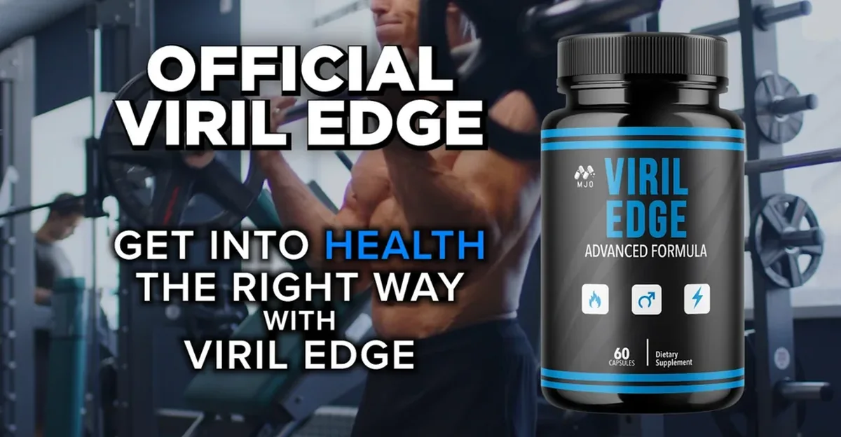 Manufacturer marketing banner showing a gym scene beside the Viril Edge bottle
